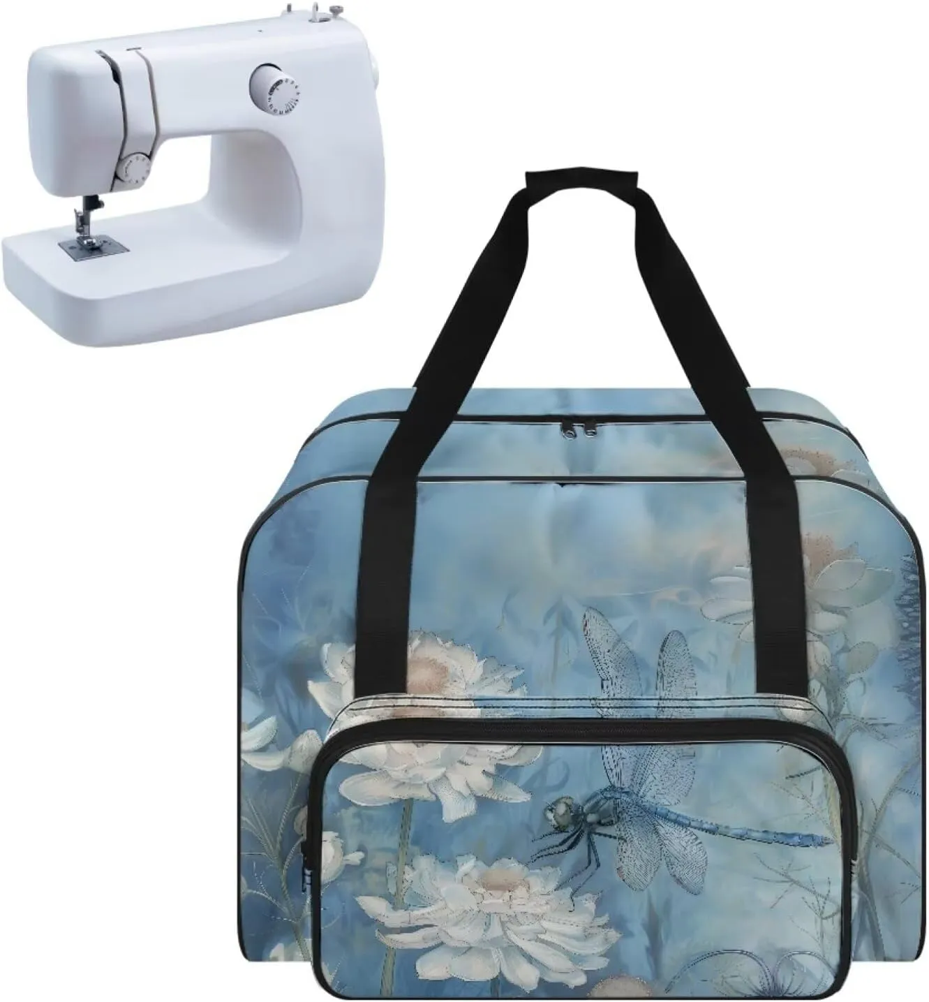 KUIFORT Flower Sewing Machine Bag Dragonfly Sewing Machine Carrying Case Foldable Rolling Sewing Machine Cover for Brother, Singer, Bernina and Most Machines Blue
