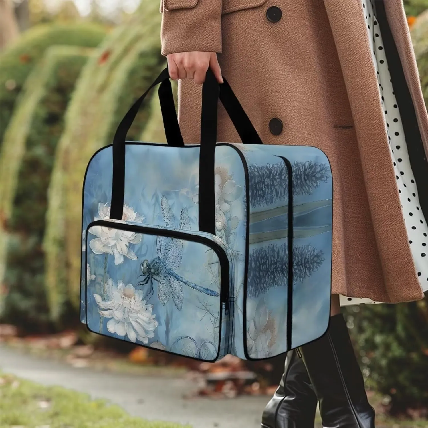 KUIFORT Flower Sewing Machine Bag Dragonfly Sewing Machine Carrying Case Foldable Rolling Sewing Machine Cover for Brother, Singer, Bernina and Most Machines Blue
