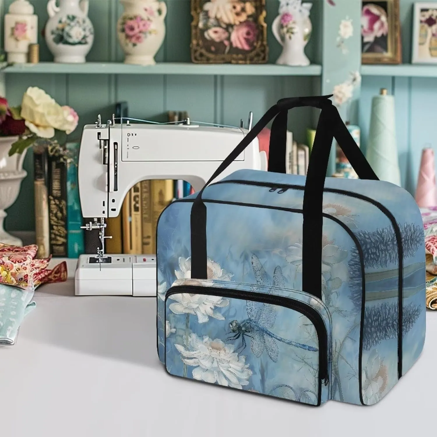 KUIFORT Flower Sewing Machine Bag Dragonfly Sewing Machine Carrying Case Foldable Rolling Sewing Machine Cover for Brother, Singer, Bernina and Most Machines Blue