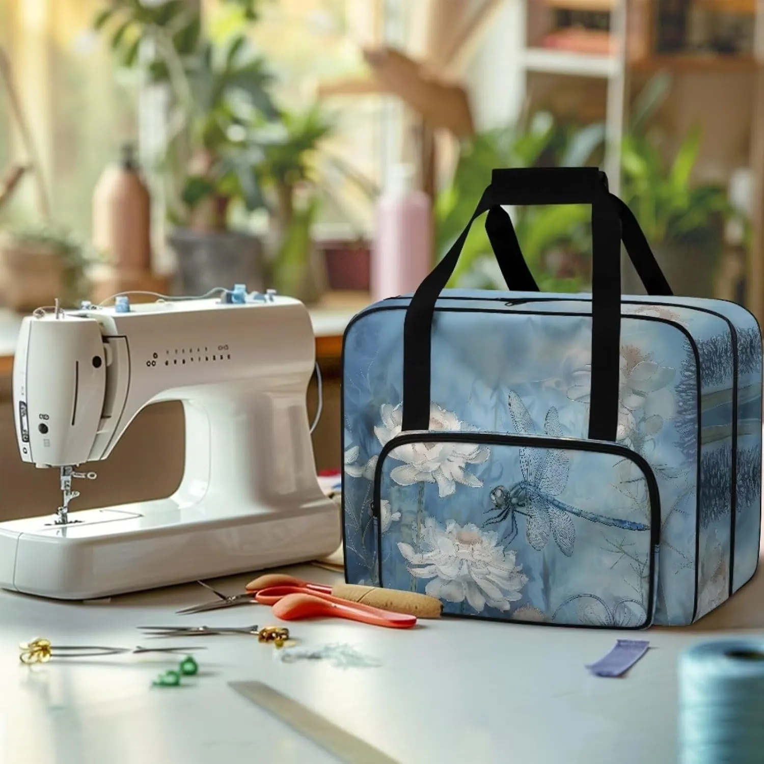 KUIFORT Flower Sewing Machine Bag Dragonfly Sewing Machine Carrying Case Foldable Rolling Sewing Machine Cover for Brother, Singer, Bernina and Most Machines Blue