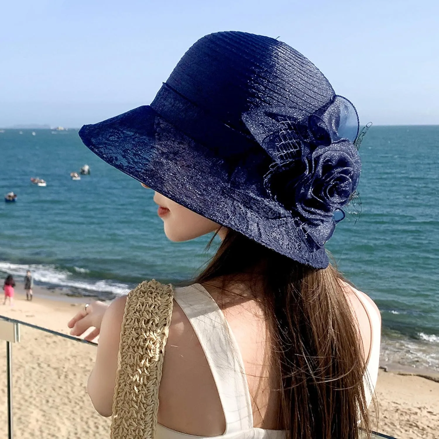 Lady Polka dots Organza Fascinator Sun Hats Women Kentucky Wide Brim Derby Bowler Hat for Tea Party Church Wedding Size:S-M