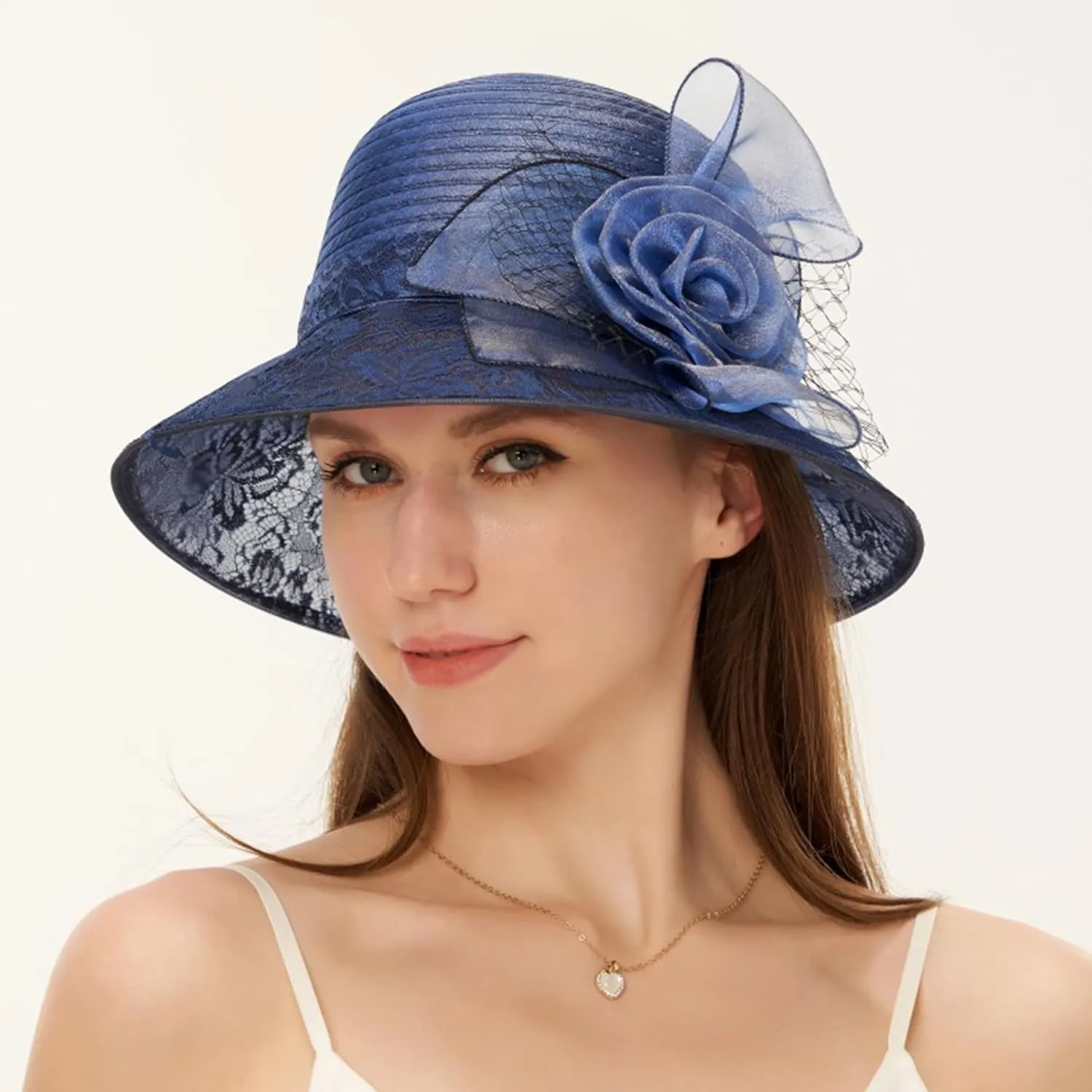 Lady Polka dots Organza Fascinator Sun Hats Women Kentucky Wide Brim Derby Bowler Hat for Tea Party Church Wedding Size:S-M