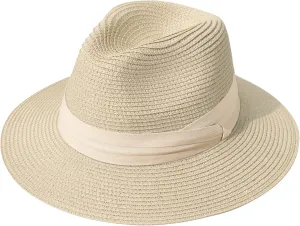 Lanzom Women Wide Brim Straw Panama Roll up Hat Fedora Beach Sun Hat UPF50 