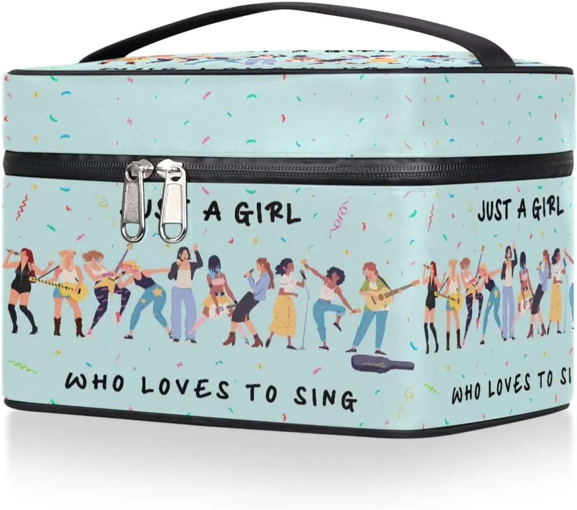 Large Makeup Bag Travel Cosmetic Bags for Women Teal Cute Colorful Music Guitar Pattern Makeup Organizer Case Toiletry Bag Wide Open Portable Pouch with Handle