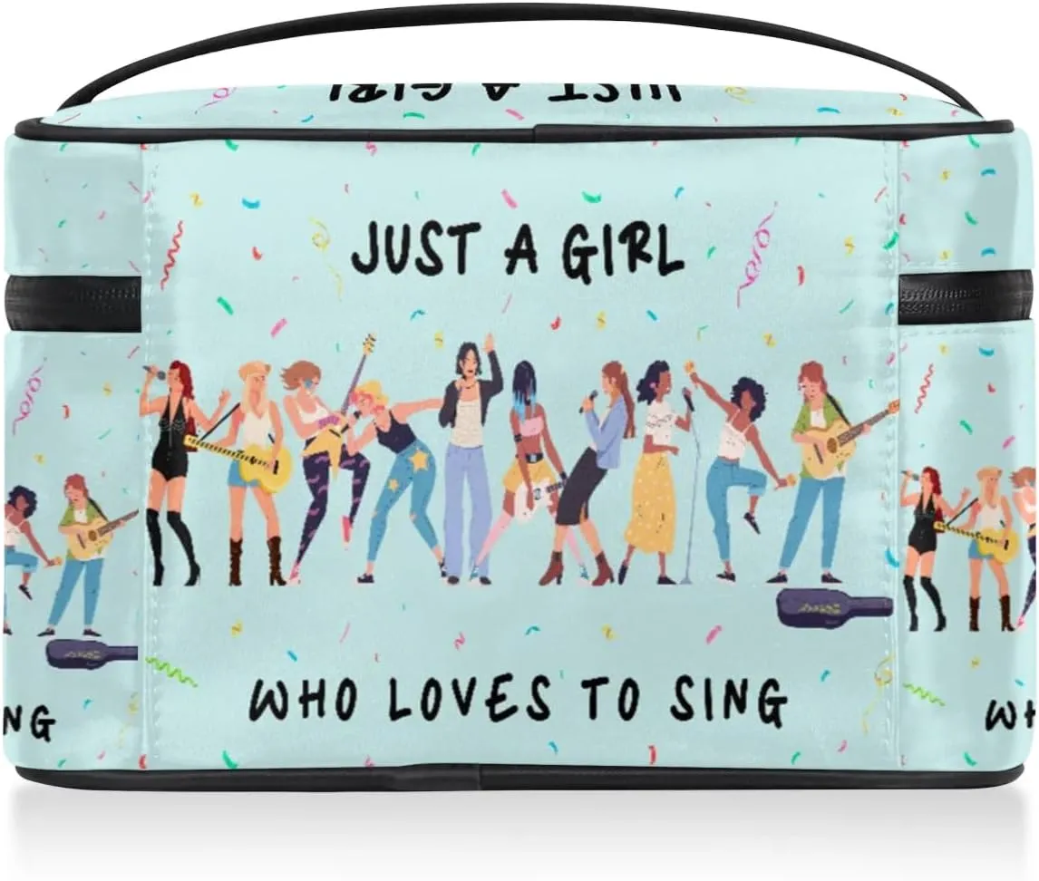 Large Makeup Bag Travel Cosmetic Bags for Women Teal Cute Colorful Music Guitar Pattern Makeup Organizer Case Toiletry Bag Wide Open Portable Pouch with Handle