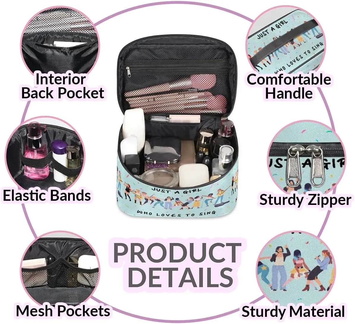 Large Makeup Bag Travel Cosmetic Bags for Women Teal Cute Colorful Music Guitar Pattern Makeup Organizer Case Toiletry Bag Wide Open Portable Pouch with Handle