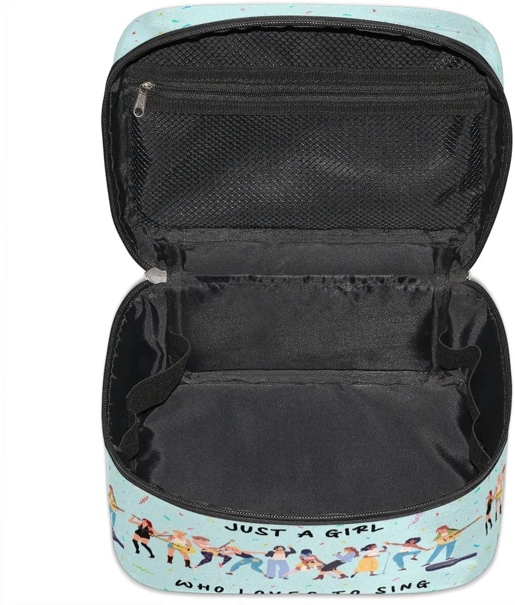 Large Makeup Bag Travel Cosmetic Bags for Women Teal Cute Colorful Music Guitar Pattern Makeup Organizer Case Toiletry Bag Wide Open Portable Pouch with Handle