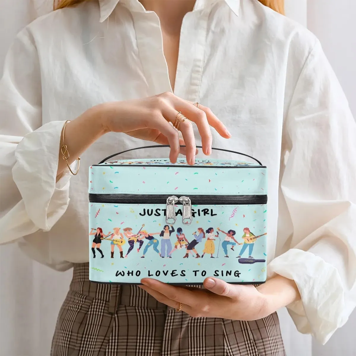 Large Makeup Bag Travel Cosmetic Bags for Women Teal Cute Colorful Music Guitar Pattern Makeup Organizer Case Toiletry Bag Wide Open Portable Pouch with Handle