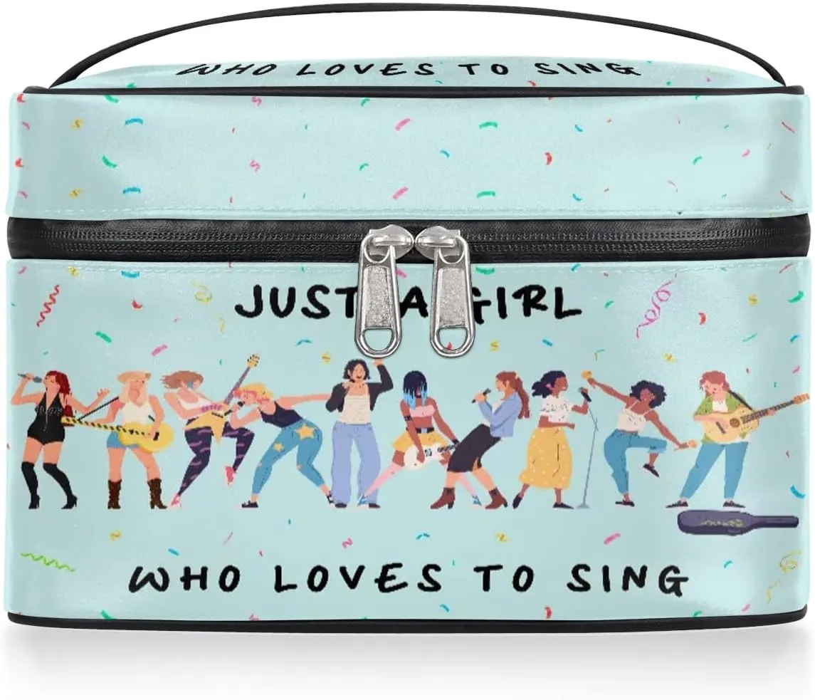 Large Makeup Bag Travel Cosmetic Bags for Women Teal Cute Colorful Music Guitar Pattern Makeup Organizer Case Toiletry Bag Wide Open Portable Pouch with Handle
