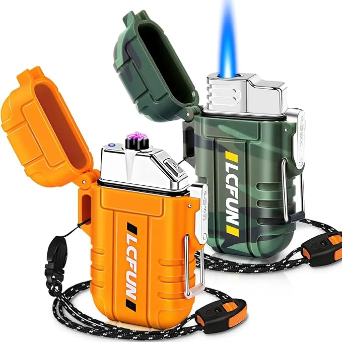 LcFun 2 Pack Waterproof Lighter, Windproof Torch Lighter Butane Refillable, Electric Dual Arc Lighter USB Rechargeable, Flameless Plasma Lighter with Whistle for Camping, Hiking, Survival Gear