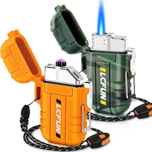 LcFun 2 Pack Waterproof Lighter, Windproof Torch Lighter Butane Refillable, Electric Dual Arc Lighter USB Rechargeable, Flameless Plasma Lighter with Whistle for Camping, Hiking, Survival Gear