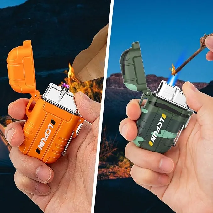LcFun 2 Pack Waterproof Lighter, Windproof Torch Lighter Butane Refillable, Electric Dual Arc Lighter USB Rechargeable, Flameless Plasma Lighter with Whistle for Camping, Hiking, Survival Gear