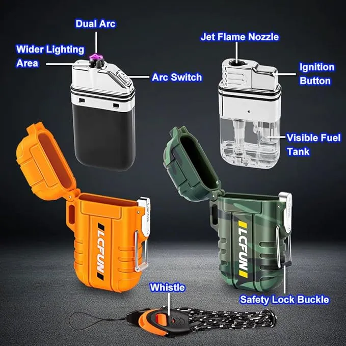 LcFun 2 Pack Waterproof Lighter, Windproof Torch Lighter Butane Refillable, Electric Dual Arc Lighter USB Rechargeable, Flameless Plasma Lighter with Whistle for Camping, Hiking, Survival Gear
