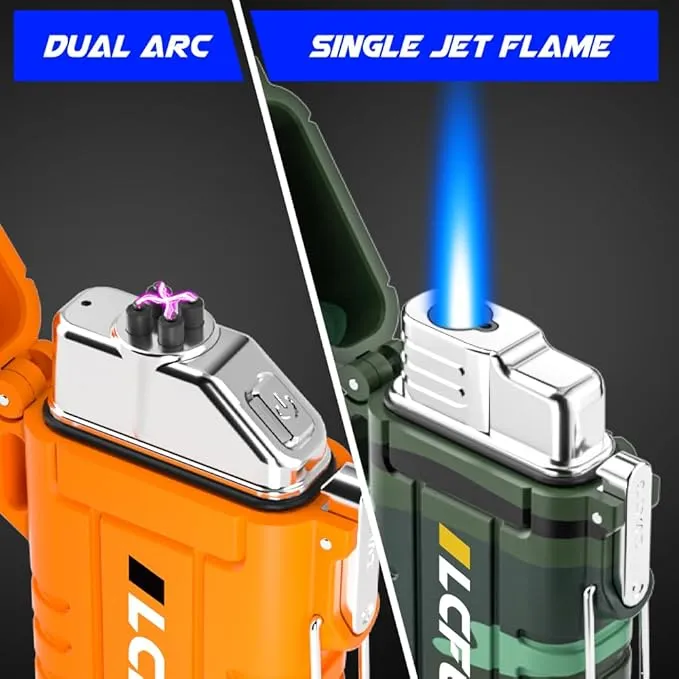 LcFun 2 Pack Waterproof Lighter, Windproof Torch Lighter Butane Refillable, Electric Dual Arc Lighter USB Rechargeable, Flameless Plasma Lighter with Whistle for Camping, Hiking, Survival Gear