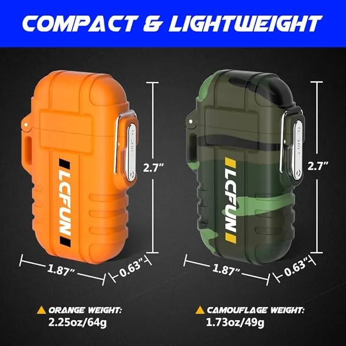 LcFun 2 Pack Waterproof Lighter, Windproof Torch Lighter Butane Refillable, Electric Dual Arc Lighter USB Rechargeable, Flameless Plasma Lighter with Whistle for Camping, Hiking, Survival Gear
