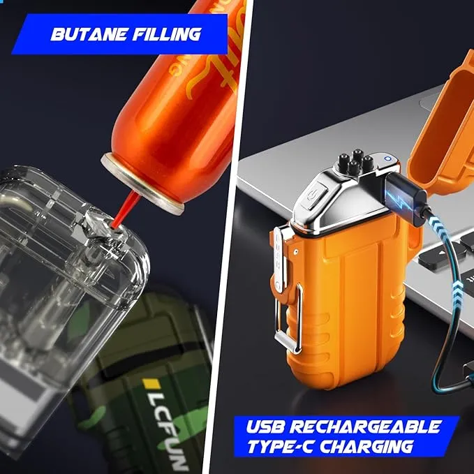 LcFun 2 Pack Waterproof Lighter, Windproof Torch Lighter Butane Refillable, Electric Dual Arc Lighter USB Rechargeable, Flameless Plasma Lighter with Whistle for Camping, Hiking, Survival Gear