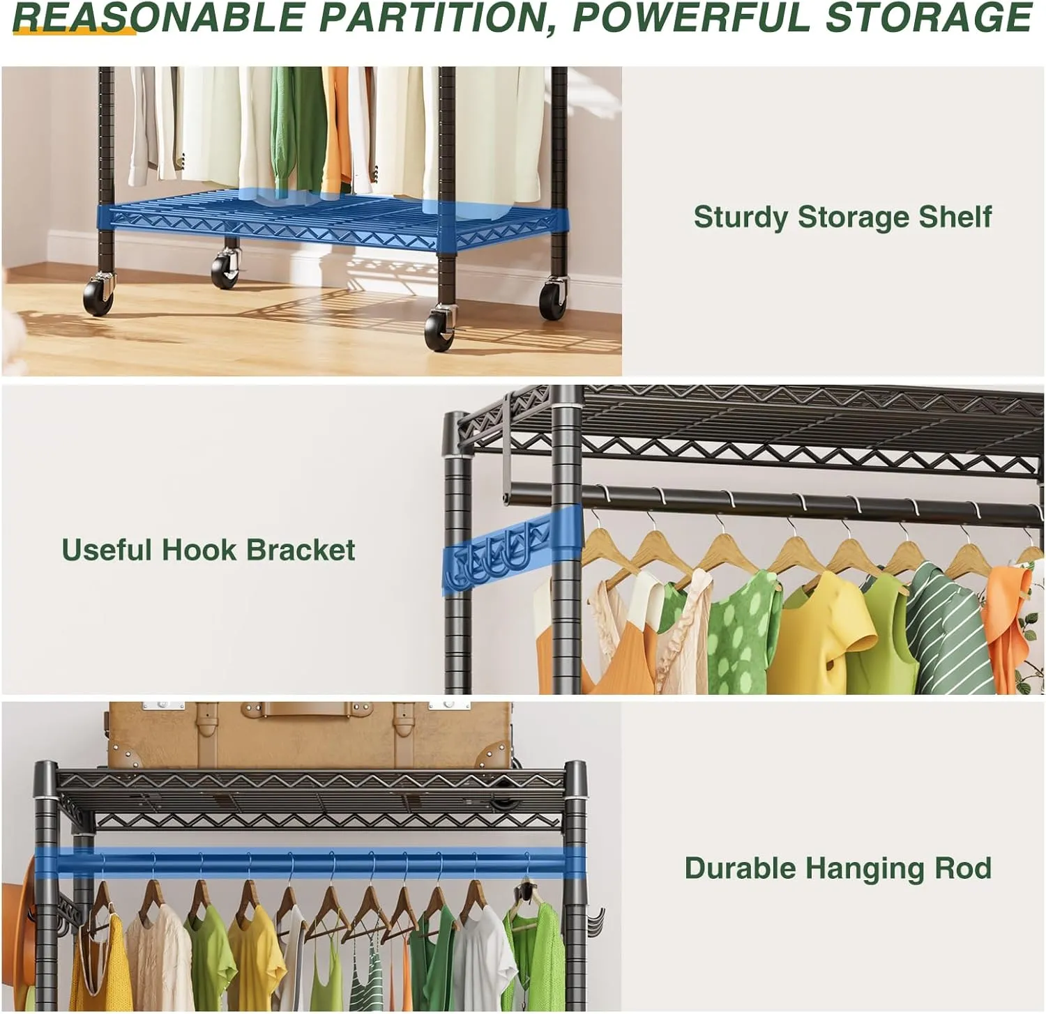 LEHOM G1M Heavy Duty Clothes Rack, 3 Tiers Rolling Garment Rack for Hanging Clothes, Adjustable Wire Clothing Rack with Storage Shelves, Lockable Wheels Freestanding Closet Wardrobe for Bedroom