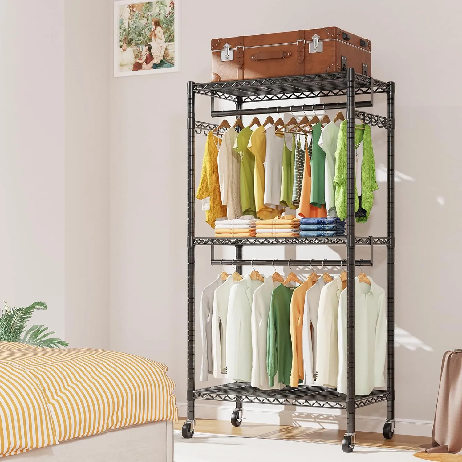 LEHOM G1M Heavy Duty Clothes Rack, 3 Tiers Rolling Garment Rack for Hanging Clothes, Adjustable Wire Clothing Rack with Storage Shelves, Lockable Wheels Freestanding Closet Wardrobe for Bedroom