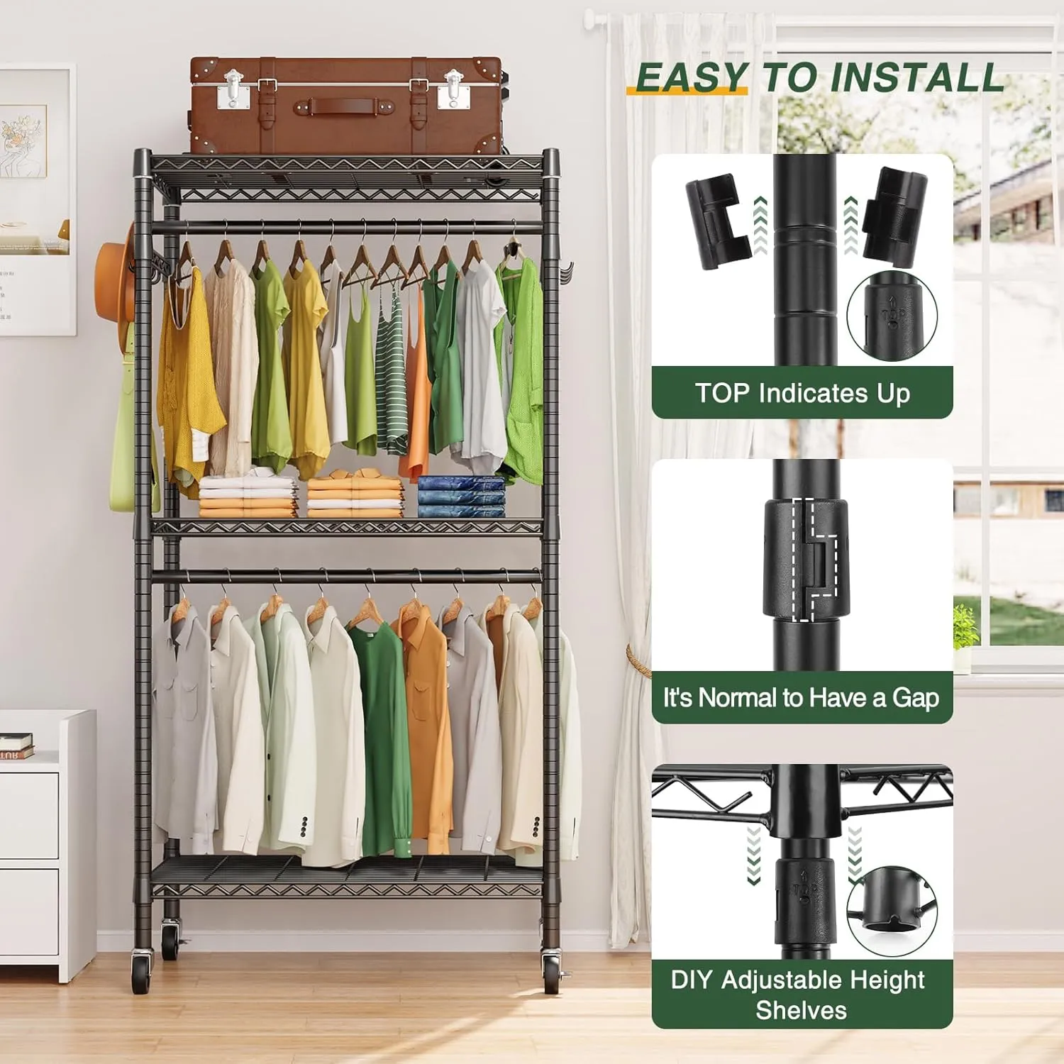 LEHOM G1M Heavy Duty Clothes Rack, 3 Tiers Rolling Garment Rack for Hanging Clothes, Adjustable Wire Clothing Rack with Storage Shelves, Lockable Wheels Freestanding Closet Wardrobe for Bedroom