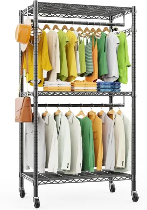 LEHOM G1M Heavy Duty Clothes Rack, 3 Tiers Rolling Garment Rack for Hanging Clothes, Adjustable Wire Clothing Rack with Storage Shelves, Lockable Wheels Freestanding Closet Wardrobe for Bedroom