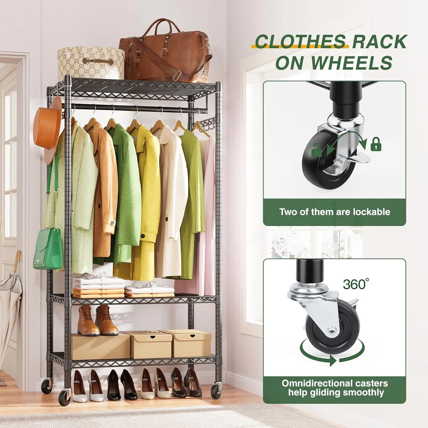 LEHOM G1M Heavy Duty Clothes Rack, 3 Tiers Rolling Garment Rack for Hanging Clothes, Adjustable Wire Clothing Rack with Storage Shelves, Lockable Wheels Freestanding Closet Wardrobe for Bedroom