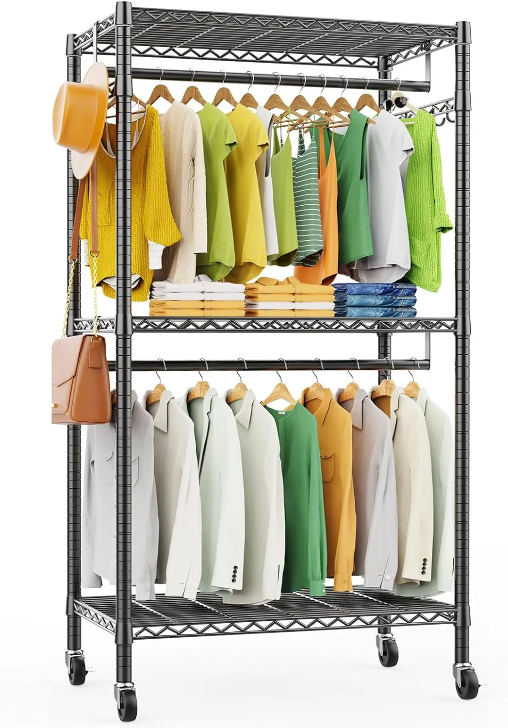 LEHOM G1M Heavy Duty Clothes Rack, 3 Tiers Rolling Garment Rack for Hanging Clothes, Adjustable Wire Clothing Rack with Storage Shelves, Lockable Wheels Freestanding Closet Wardrobe for Bedroom