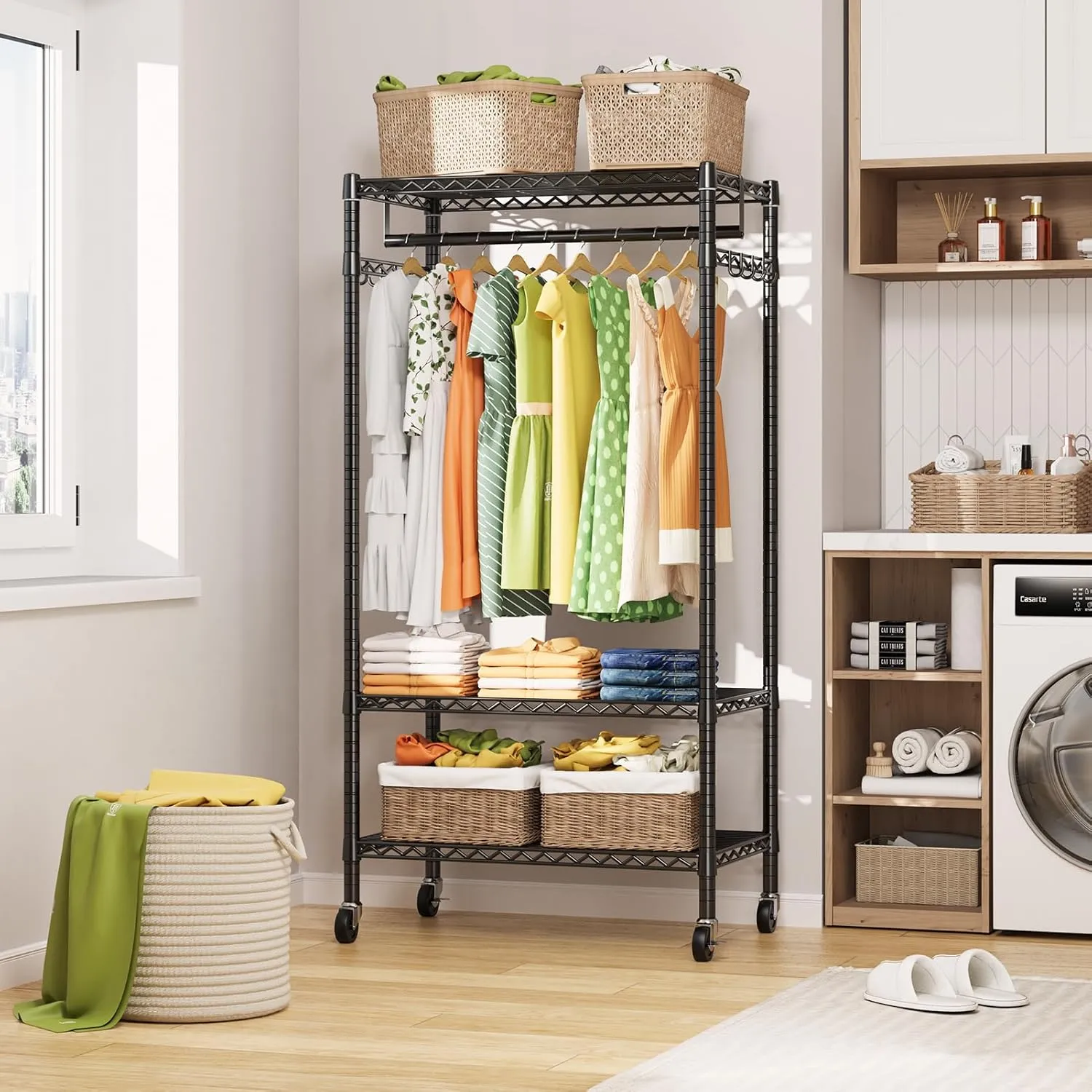 LEHOM G1M Heavy Duty Clothes Rack, 3 Tiers Rolling Garment Rack for Hanging Clothes, Adjustable Wire Clothing Rack with Storage Shelves, Lockable Wheels Freestanding Closet Wardrobe for Bedroom