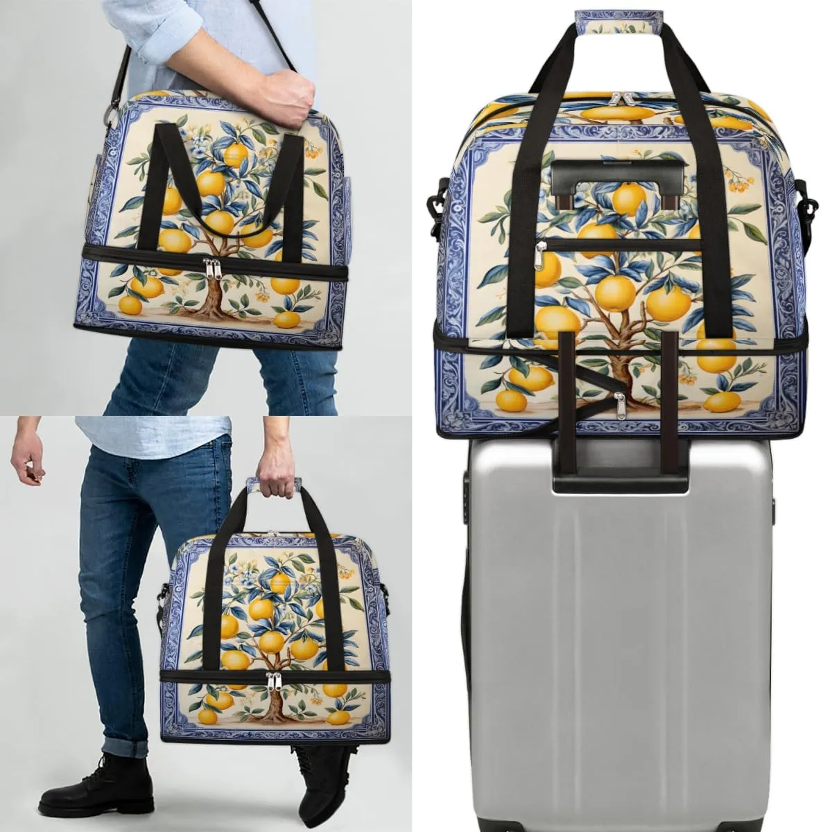 Lemon Fruit Tree Foldable Travel Duffel Bag Overnight Weekender Bag with Shoes Compartment Sports Gym Bag for Men Women