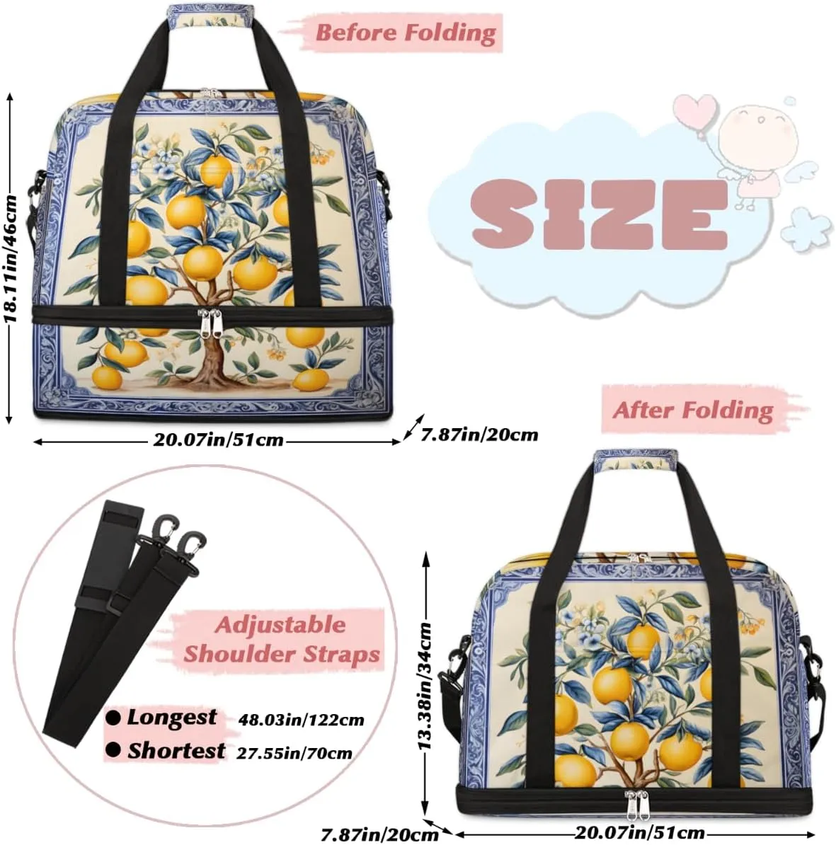Lemon Fruit Tree Foldable Travel Duffel Bag Overnight Weekender Bag with Shoes Compartment Sports Gym Bag for Men Women
