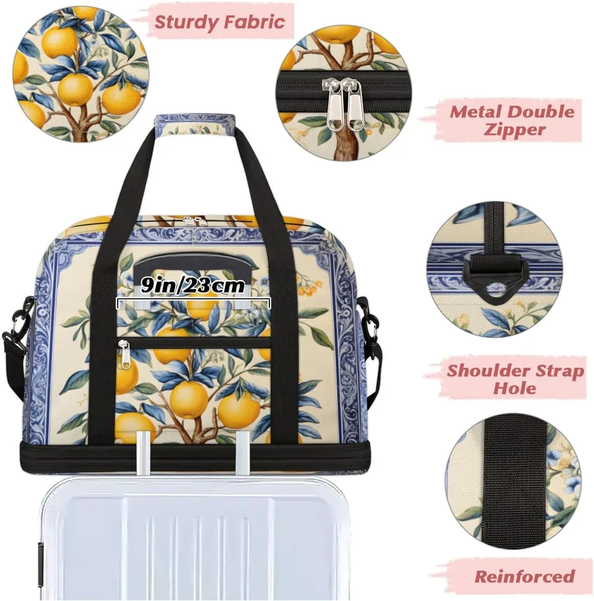 Lemon Fruit Tree Foldable Travel Duffel Bag Overnight Weekender Bag with Shoes Compartment Sports Gym Bag for Men Women