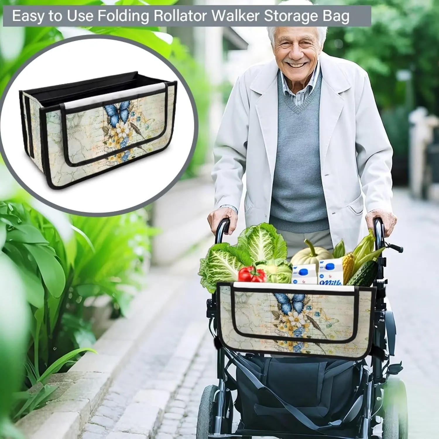 Letter Butterfly Flower Rollator Walker Accessories Storage Bag Hand-Free Carry Storage Bag for Universal Walkers with Storage Pockets