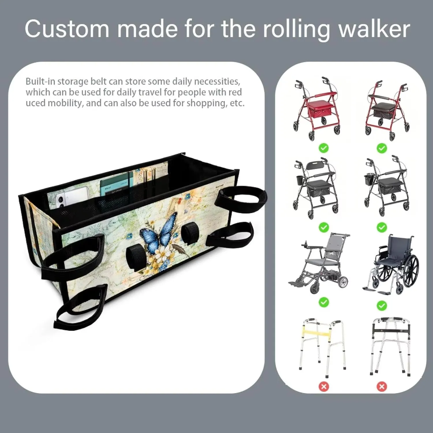 Letter Butterfly Flower Rollator Walker Accessories Storage Bag Hand-Free Carry Storage Bag for Universal Walkers with Storage Pockets