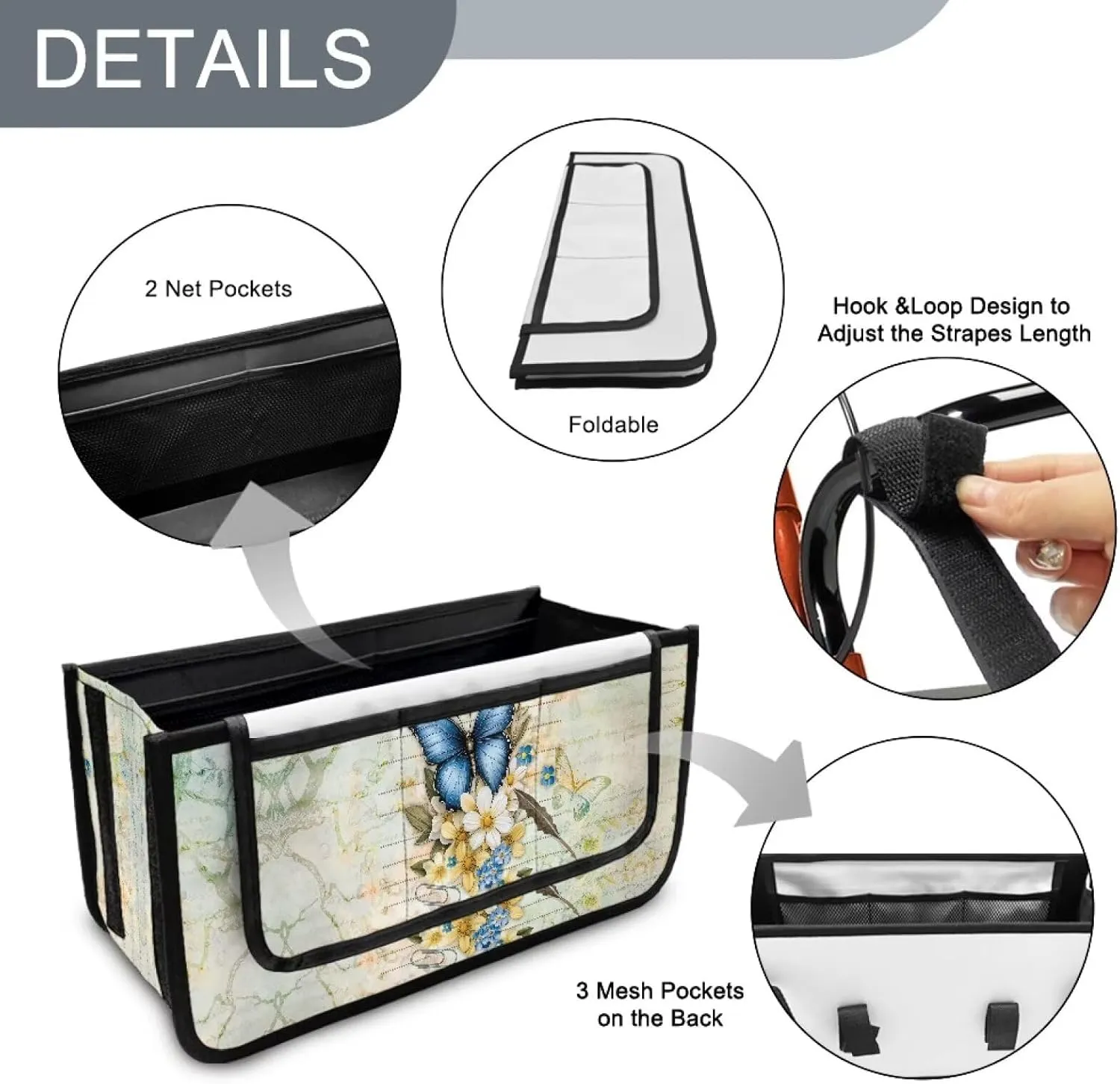 Letter Butterfly Flower Rollator Walker Accessories Storage Bag Hand-Free Carry Storage Bag for Universal Walkers with Storage Pockets
