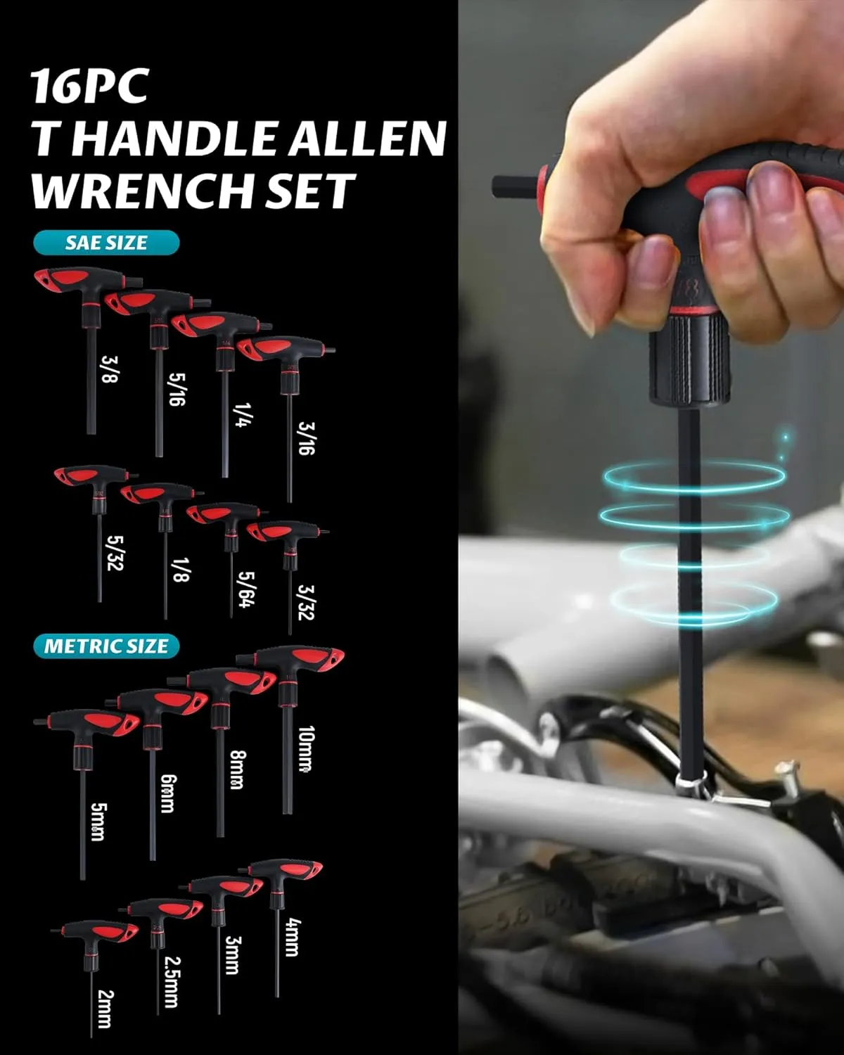 Lichamp T Handle Allen Wrench Set SAE Metric, 16 Piece Standard Long Tee Handle Allen Hex Key Set SAE Metric, 5/64-3/8 inch, 2-10mm, Heavy Duty Excellent