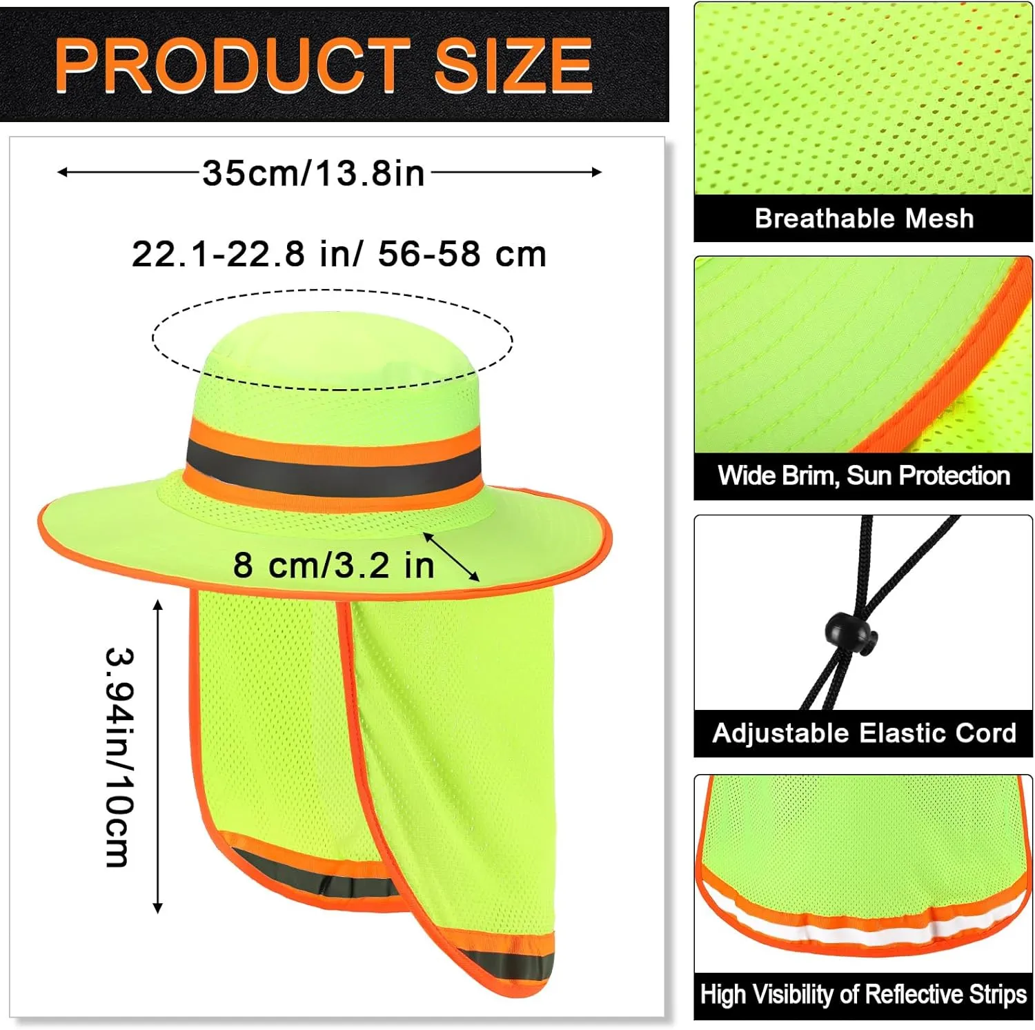 Liitrsh 4 Pcs High Visibility Reflective Sun Hat with Neck Flap Wide Brim Work Safety Boonie Hats Adjustable Bucket Cap for Men Women