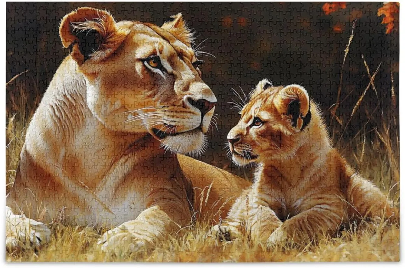 Lion Nature Grassland Jigsaw Puzzle 1000 Piece, Educational Intellectual Decompression Puzzle Game Jigsaw Puzzle for Adult Active Thinking Party Entertainment, Family Games