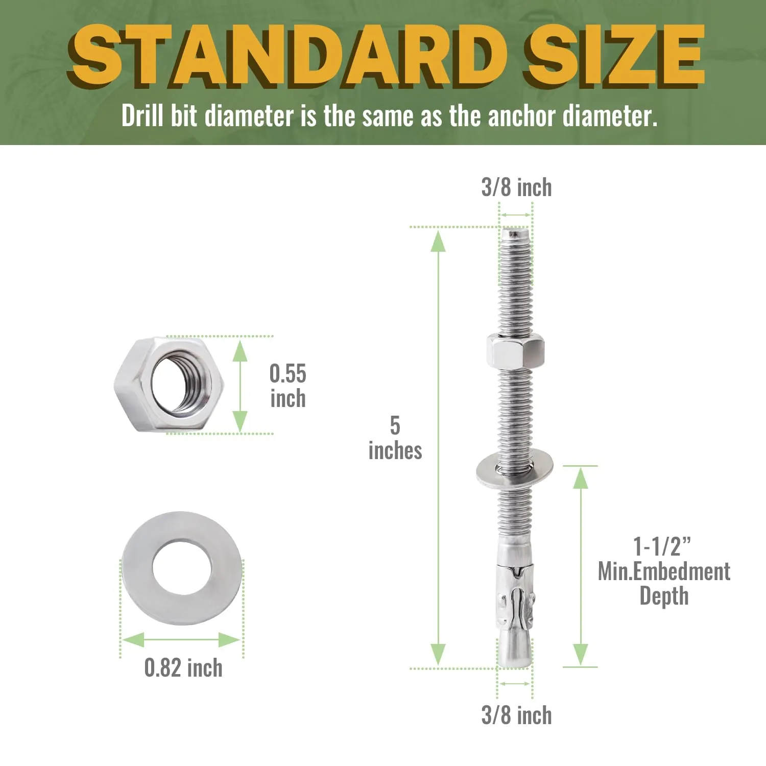 LIONMAX Stainless Steel Concrete Anchor Bolts 3/8" x 5 Inch, 12-Pack Wedge Anchors for Concrete Cement Wall Base Bracket, Rust and Corrosion Resistant