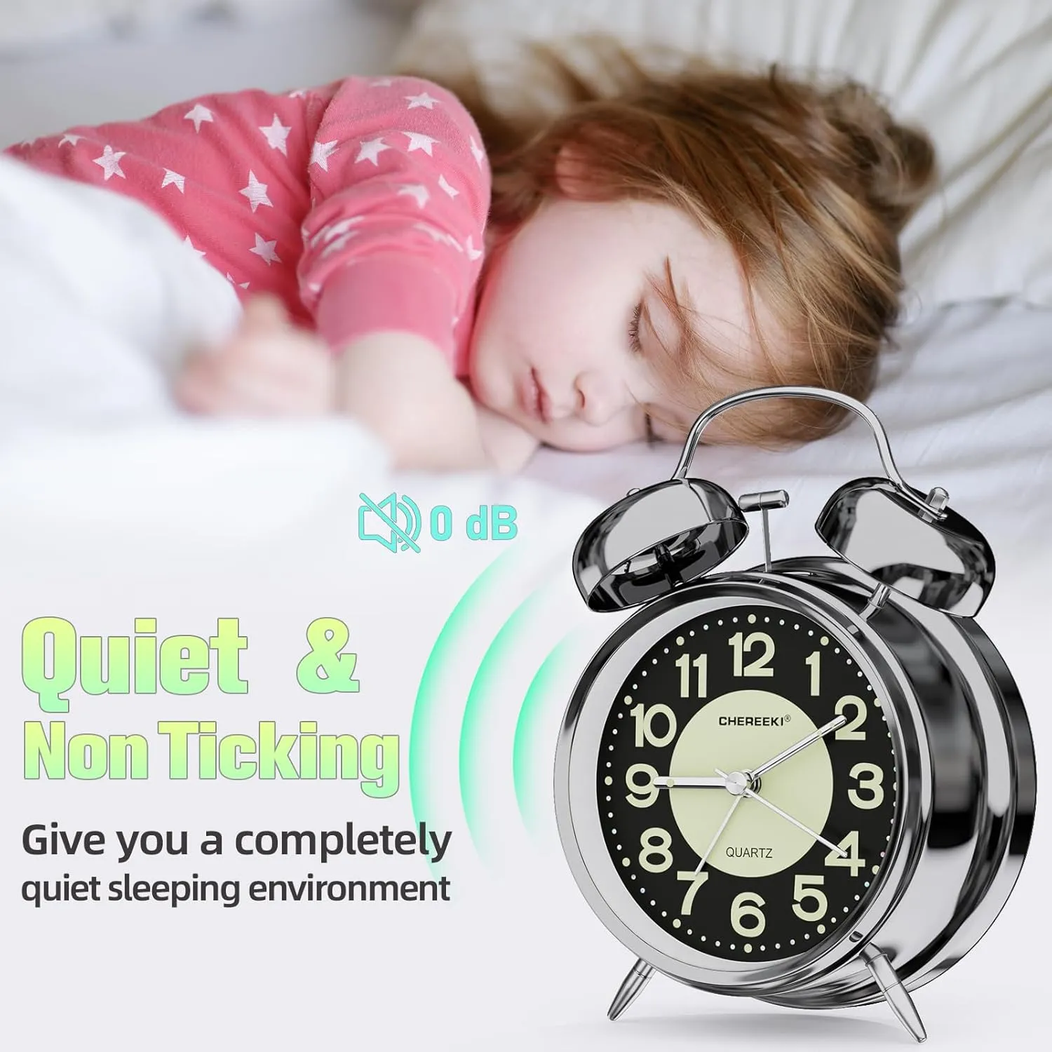 Loud Alarm Clock for Heavy Sleepers Adults, Silent Non Ticking Analog Clock with Backlight, Luminous Dial, Battery Operated Alarm Clock for Bedroom, Included Battery, Silver