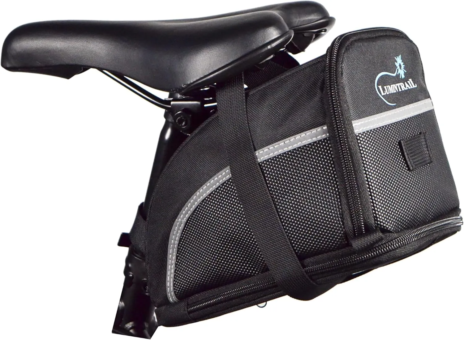 Lumintrail Bike Seat Bag, Bicycle Saddle Bag for Mountain Road Bikes, Expandable Storage Under Seat Bike Bag, Reflective Material with Bike Light Loop, Black, Large