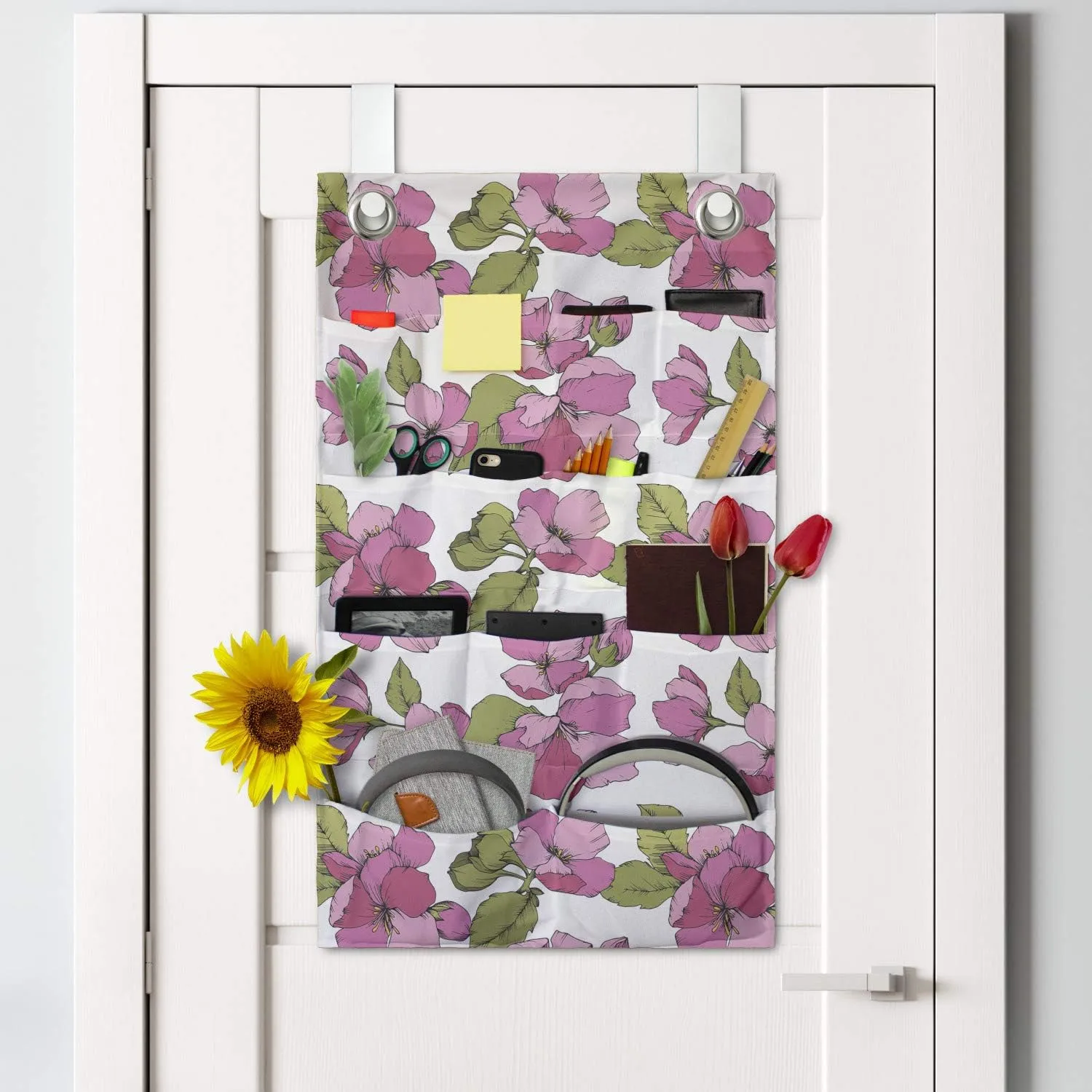 Lunarable Floral Hanging Pocket Organizer, Blossoming Spring Time Elements and Leaves Demonstration Plantation, Printed Polyester Storage Bag with Pockets, 21" x 31", Pink White and Green
