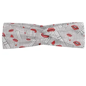 Lunarable Hipster Headband Set of 2, Continuous Make up Themed Pattern with Lips and Lipsticks, Elastic and Soft Women's Bandana for Sports and Everyday Use, XS-S, Coral and Pale Grey