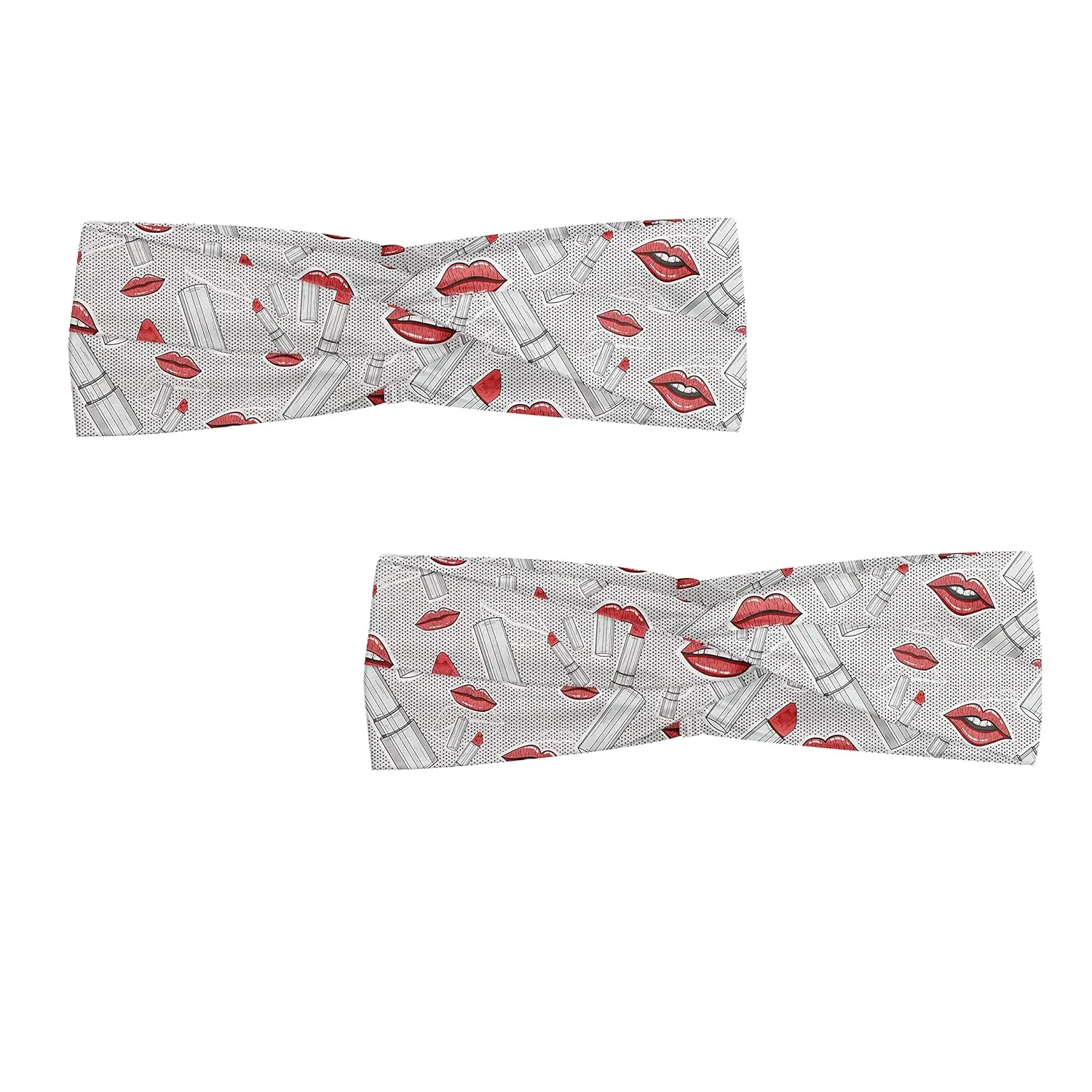 Lunarable Hipster Headband Set of 2, Continuous Make up Themed Pattern with Lips and Lipsticks, Elastic and Soft Women's Bandana for Sports and Everyday Use, XS-S, Coral and Pale Grey
