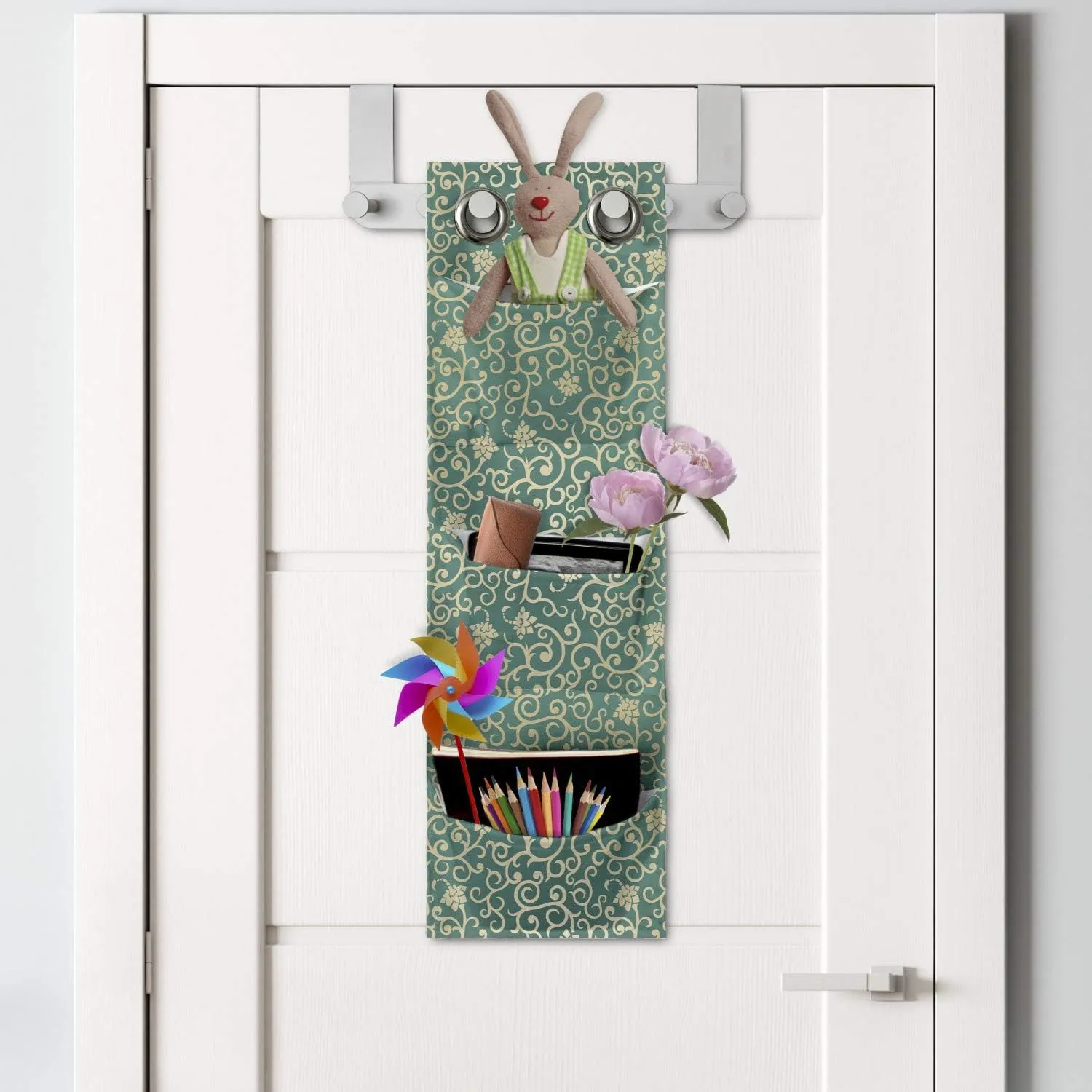 Lunarable Oriental Hanging Pocket Organizer, Simplistic Demonstration of Bicolour Curlicue Branches and Petals Garden Art, Printed Polyester Storage Bag with Pockets, 9" x 27", Jade Green Beige