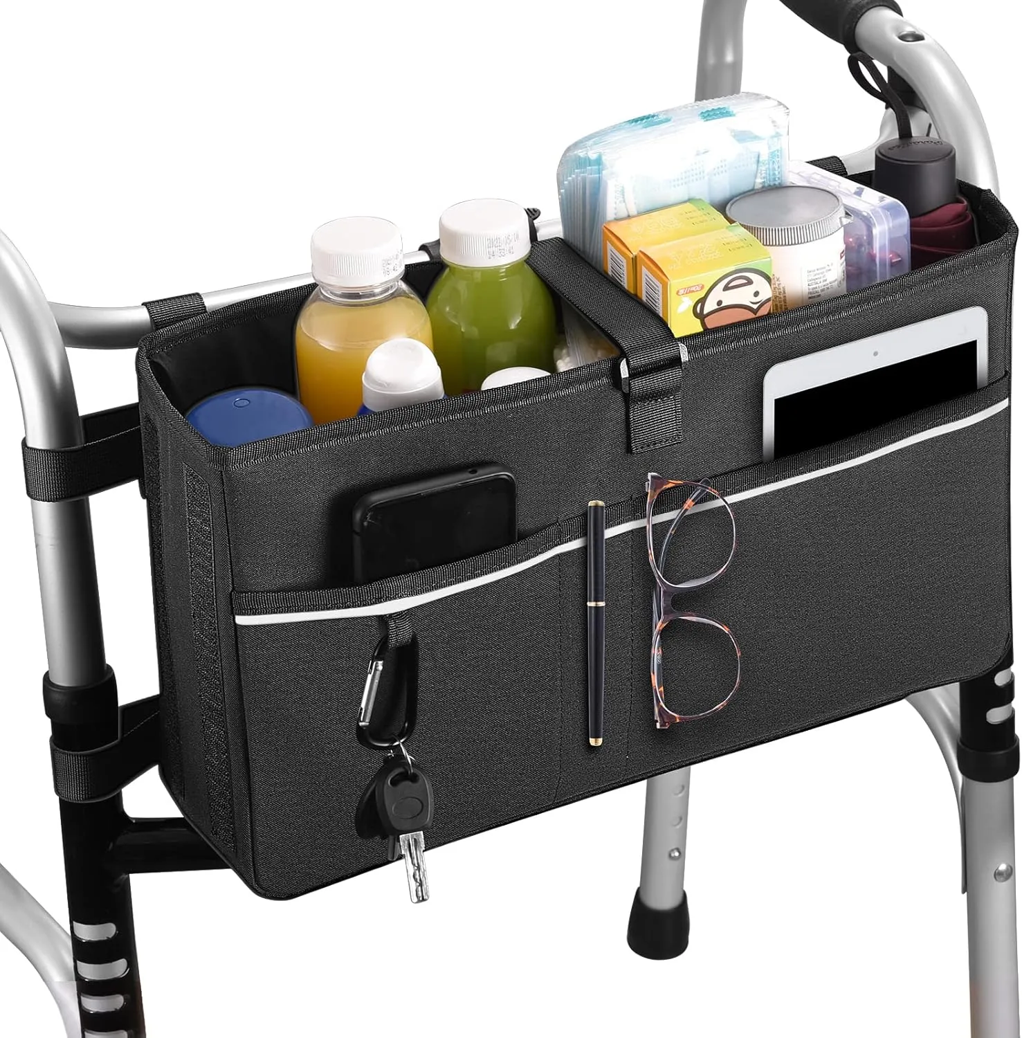 Lunies Walker Basket, Foldable Walker Bag with Cup Holder, Large Capacity Walker Storage Bag with Multiple Pockets, Walker Accessories Pouch Tote for Adult,Seniors(black)