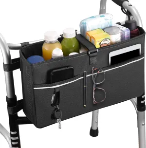 Lunies Walker Basket, Foldable Walker Bag with Cup Holder, Large Capacity Walker Storage Bag with Multiple Pockets, Walker Accessories Pouch Tote for Adult,Seniors(black)