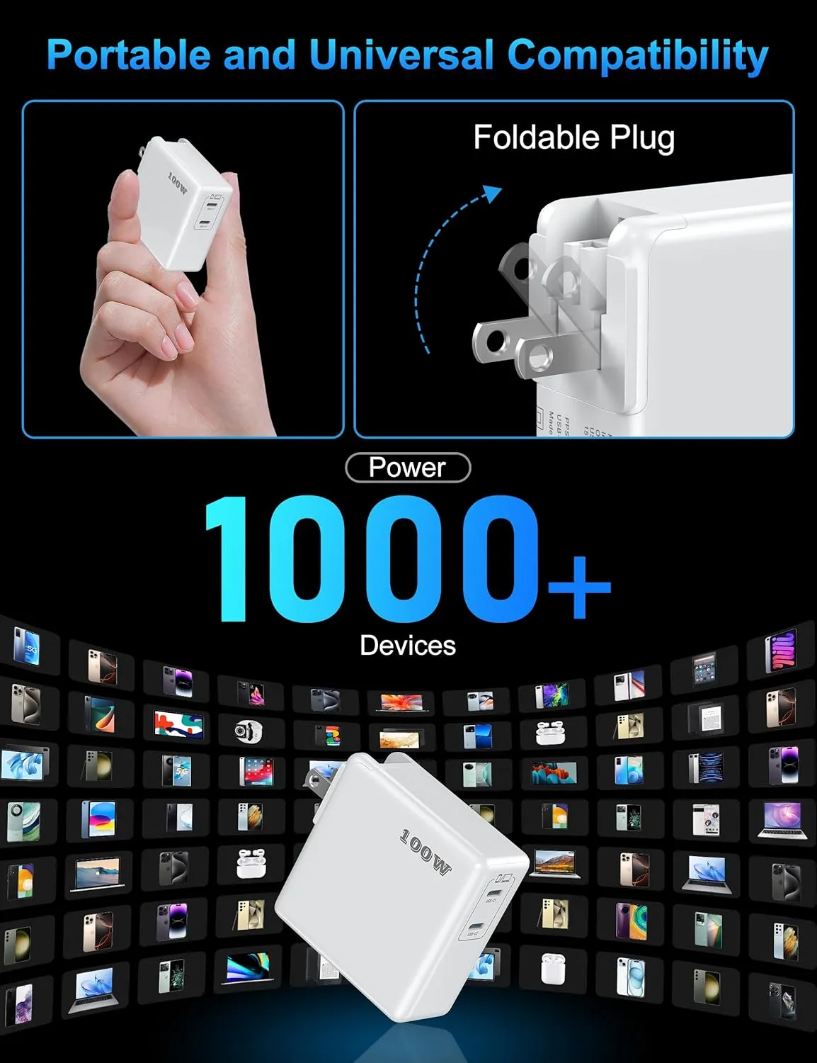 Mac Book Pro Charger, 100W USB C Fast Charger for MacBook Pro/MacBook Air 16 15 14 13 Inch, iPad Pro, iPhone 16/15 Pro and All USBC Devices, GaN Foldable Power Adapter with 10 FT USB C Charge Cable