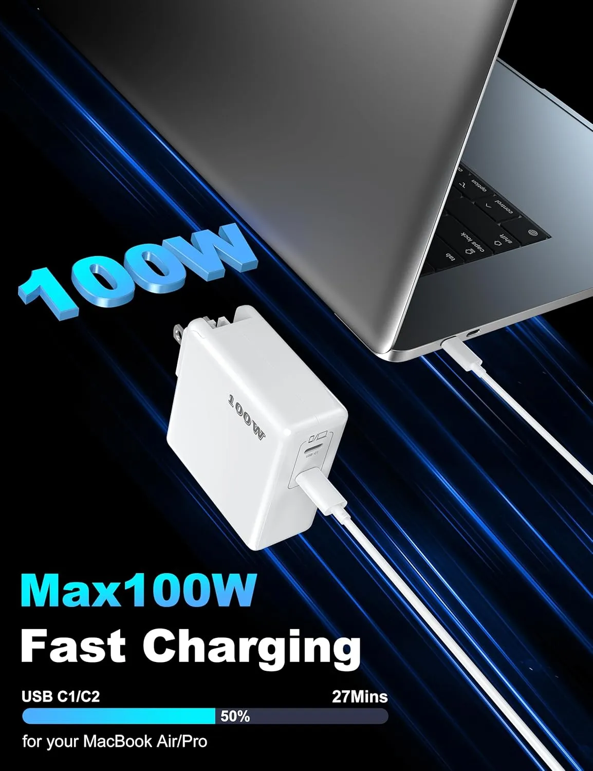 Mac Book Pro Charger, 100W USB C Fast Charger for MacBook Pro/MacBook Air 16 15 14 13 Inch, iPad Pro, iPhone 16/15 Pro and All USBC Devices, GaN Foldable Power Adapter with 10 FT USB C Charge Cable