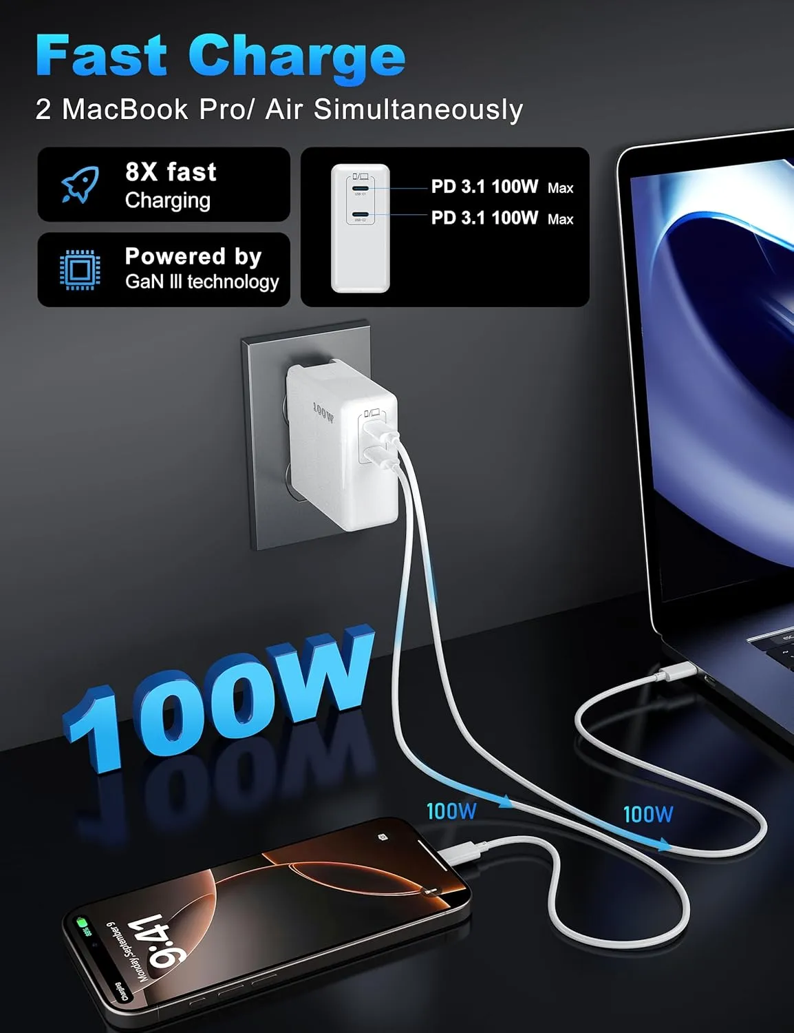 Mac Book Pro Charger, 100W USB C Fast Charger for MacBook Pro/MacBook Air 16 15 14 13 Inch, iPad Pro, iPhone 16/15 Pro and All USBC Devices, GaN Foldable Power Adapter with 10 FT USB C Charge Cable
