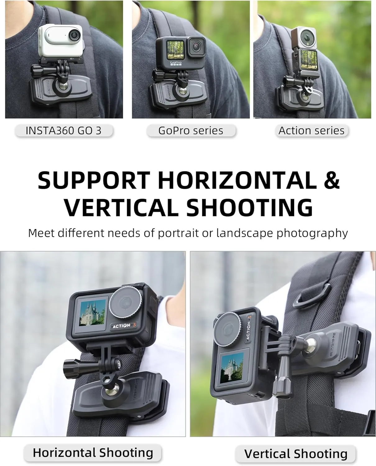 Magnetic Backpack Mount, Shoulder Strap Clip Holder 360° Rotation Clamp Universal Accessories for Go pro Hero 13/12/10 Insta360 X3 Go3 Ace Pro/DJI Osmo Action 5 Pro / Action 4 / Pocket 3 Cameras