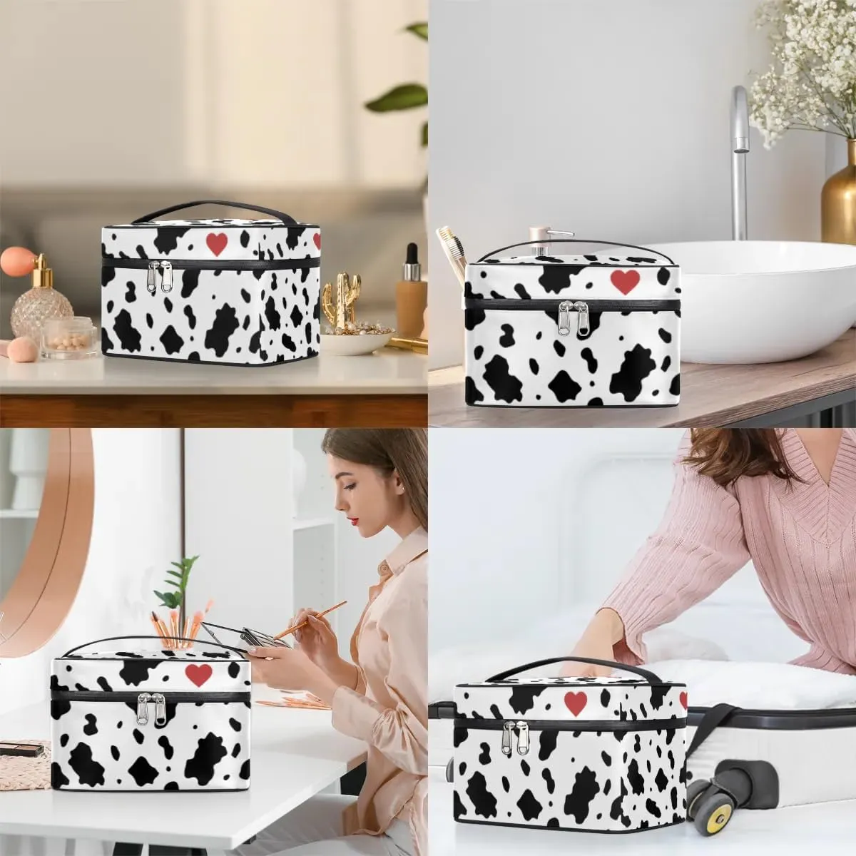 Makeup Bag,Cow Print Heart Cosmetic Bags for Woman Girls,Portable Large Capacity Travel Makeup Case Organizer Cosmetic Case Travel Essential